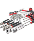 102-Piece Home And Auto Tool Kit With Low Profile 72-Tooth Ratchet And Five Degree Swing, Includes Quarter Inch And Three Eighths Inch Drive Socket Set, Screwdrivers, Wrenches, Hammer, Pliers, Knife, Hex Keys, Bits, Tape Measure In Durable Blow Mold Case displayed on a white background.
