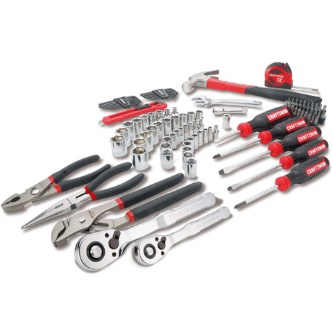 102-Piece Home And Auto Tool Kit With Low Profile 72-Tooth Ratchet And Five Degree Swing, Includes Quarter Inch And Three Eighths Inch Drive Socket Set, Screwdrivers, Wrenches, Hammer, Pliers, Knife, Hex Keys, Bits, Tape Measure In Durable Blow Mold Case displayed on a white background.