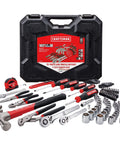 102-Piece Home And Auto Tool Kit With Low Profile 72-Tooth Ratchet And Five Degree Swing, Includes Quarter Inch And Three Eighths Inch Drive Socket Set, Screwdrivers, Wrenches, Hammer, Pliers, Knife, Hex Keys, Bits, Tape Measure In Durable Blow Mold Case displayed in black case