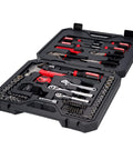102-Piece Home And Auto Tool Kit With Low Profile 72-Tooth Ratchet And Five Degree Swing, Includes Quarter Inch And Three Eighths Inch Drive Socket Set, Screwdrivers, Wrenches, Hammer, Pliers, Knife, Hex Keys, Bits, Tape Measure In Durable Blow Mold Case shown open