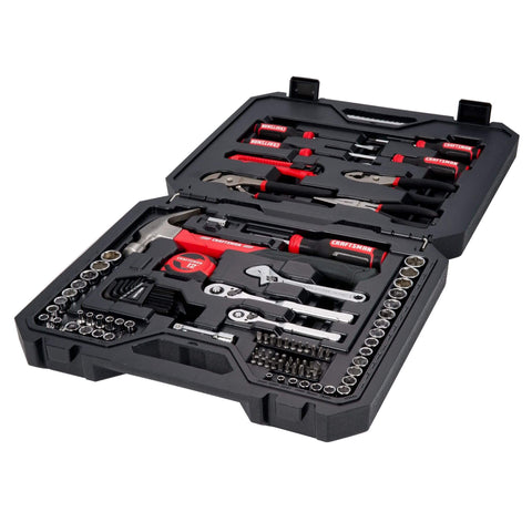 102-Piece Home And Auto Tool Kit With Low Profile 72-Tooth Ratchet And Five Degree Swing, Includes Quarter Inch And Three Eighths Inch Drive Socket Set, Screwdrivers, Wrenches, Hammer, Pliers, Knife, Hex Keys, Bits, Tape Measure In Durable Blow Mold Case shown open