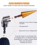 Impact Grade Power Hand Tools Driver Socket Adapter Extension Set With 3 Pcs 1/4 3/8 1/2 Inch Hex Shank Drill Nut Driver Bits And 105 Degree Right Angle Extension Color Coded Rings For Quick Pick Durable CR-V Construction By CIGOTU showing 105 degree adapter and hex shank.