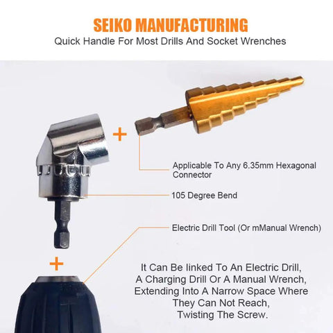Impact Grade Power Hand Tools Driver Socket Adapter Extension Set With 3 Pcs 1/4 3/8 1/2 Inch Hex Shank Drill Nut Driver Bits And 105 Degree Right Angle Extension Color Coded Rings For Quick Pick Durable CR-V Construction By CIGOTU showing 105 degree adapter and hex shank.
