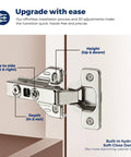 Full Overlay Cabinet Door Hinges With Soft Close Damper 105 Degree Adjustable Concealed Hinges for face frame kitchen cabinets, side view