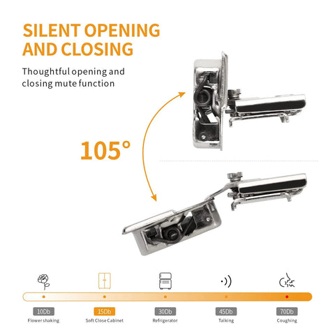 105° open angle of 50 Pack Half Inch Overlay Concealed Cabinet Hinges With 3D Soft Close, Satin Nickel, Self Closing