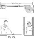 Diagram of 105 Degree Soft Closing Support Rod Hinges for downward opening doors with measurements and installation angles.