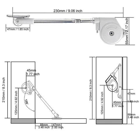 Diagram of 105 Degree Soft Closing Support Rod Hinges for downward opening doors with measurements and installation angles.
