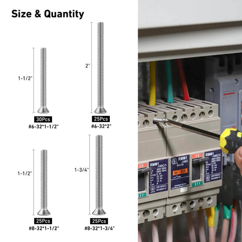 105 Pcs Extra Long Outlet Screws Kit with #6-32 and #8-32 Phillips Flat Head Machine Screws, sizes displayed.