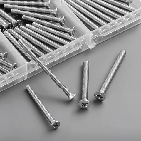 105 Pcs Extra Long Outlet Screws Kit with #6-32 and #8-32 Phillips Flat Head Machine Screws in stainless steel.