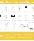 105 Pieces No Duplicate Heavy Equipment Keys Master Set with wire rings, key details for various brands, compatible with construction machinery.