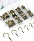Organizer case showing assorted 105 Pcs Screw Hooks, 6 Sizes Bronze Cup Hooks, Screw Hooks for Hanging, Metal Cup Hooks Screw in various sizes.