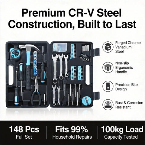 148 Piece General Household Hand Tool Kit With Portable Toolbox For Home, Office And Workshop Repairs, set in blue case