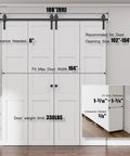 108 Inch Bi Folding Sliding Barn Door Hardware Kit With 9 Foot Heavy Duty Track And Nylon Roller Bearings For Max 26 Inch By 4 Doors, shown installed with measurements