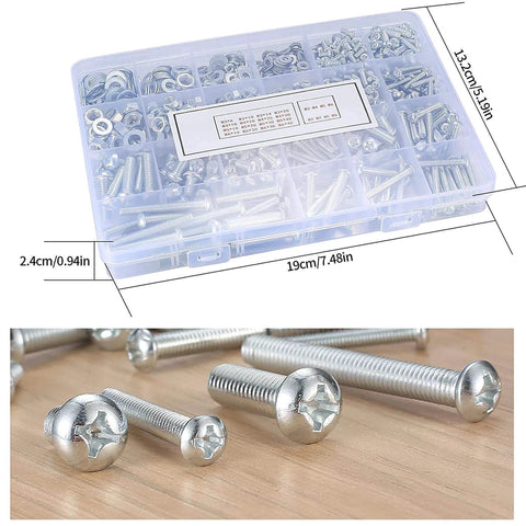 1080 Pcs Metric Screws Bolts and Nuts Assortment Kit with M3 M4 M5 M6 Cross Slotted Round Head Machine Screws neatly organized.