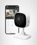 1080P Indoor Security Camera For Baby And Pet Monitoring With Motion Detection And Night Vision Two Way Audio Local SD Card Or Cloud Storage Works With Alexa And Google Home For Convenient Hands Free Home Surveillance, shown next to a smartphone app displaying live video feed.