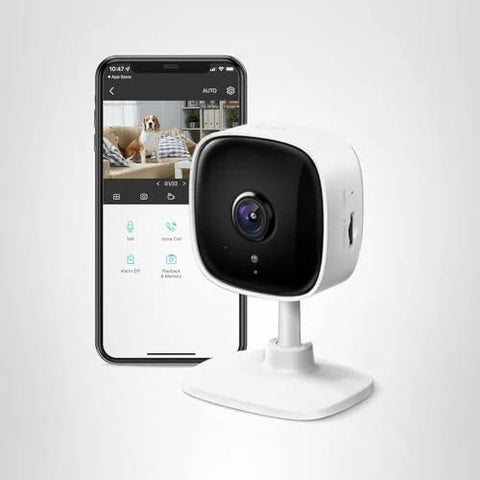 1080P Indoor Security Camera For Baby And Pet Monitoring With Motion Detection And Night Vision Two Way Audio Local SD Card Or Cloud Storage Works With Alexa And Google Home For Convenient Hands Free Home Surveillance, shown next to a smartphone app displaying live video feed.