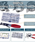 108 Piece Spring Pipe Clamp Set With Tools 9 Sizes 6 To 18mm Spring Hose Clamps For Automotive Marine Gardening And Industrial Applications Silvery Finish Durable Construction For Long Lasting Performance In Automotive And Industrial Environments