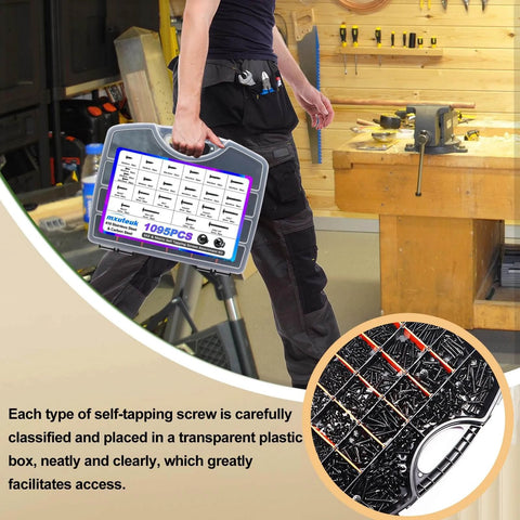 A clear case of 1095 Pcs Self Tapping Screws Assortment for Metal Wood and Plastic, showcasing organized screws.