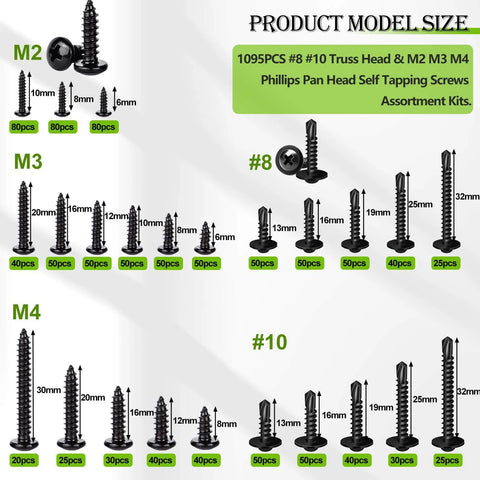 1095 Pcs Self Tapping Screws Assortment for Metal Wood and Plastic Including #8 #10 410 Stainless Steel and M2 M3 M4 Carbon Steel Phillips Pan Head Screws.
