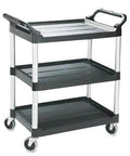 Black three-shelf utility cart on casters with metal frame, 42 x 20 inches