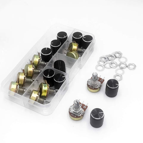 10 Pack 10K Linear Potentiometer Kit With Nuts And Washers And Aluminum Knob For Joysticks And Rotary Encoders, Durable Zinc Body