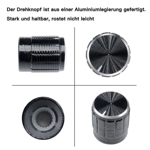 Four views of an aluminum joystick knob from the 10 Pack 10K Linear Potentiometer Kit with durable zinc body for DIY projects.