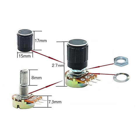 10 Pack 10K Linear Potentiometer Kit With Nuts And Washers And Aluminum Knob For Joysticks And Rotary Encoders, side view of potentiometer