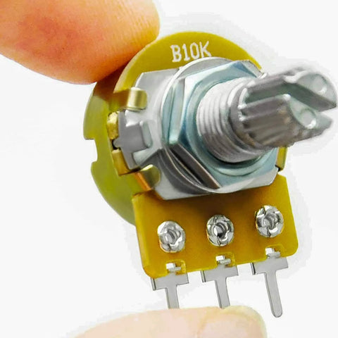 Close-up of a 10 Pack 10K Linear Potentiometer Kit with nuts and washers, aluminum knob, ideal for joysticks and rotary encoders.