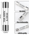 FF10A 600V Fast Blow Ceramic Fuses For Multimeters DMMs 6.3x32 Mm 10 Amp Brass Made Replacement Pack Of 10 shown from various angles