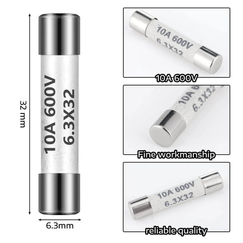 FF10A 600V Fast Blow Ceramic Fuses For Multimeters DMMs 6.3x32 Mm 10 Amp Brass Made Replacement Pack Of 10 shown from various angles