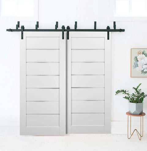 Barn Bypass Doors 36 By 84 With 6.6 Foot Hardware, White Silk Frosted Glass Double Sliding Lite Panel, Solid MDF Eco Veneer Finish.