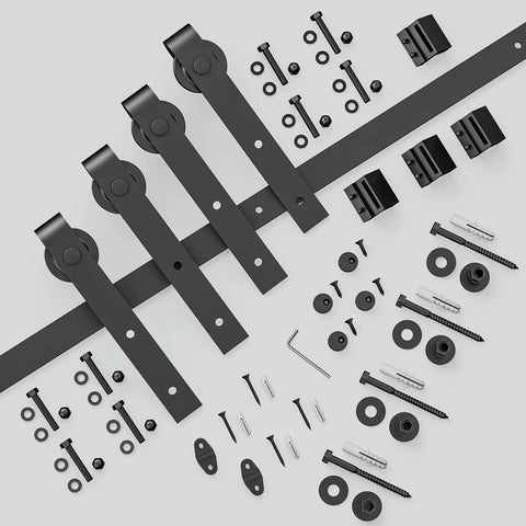 10 FT Double Sliding Barn Door Hardware Track Kit with J Shape Hanger, showing components for wood slab doors.