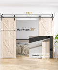 10 FT Double Sliding Barn Door Hardware Track Kit with J Shape Hanger, aluminum track system installed on wood slab doors in bedroom.