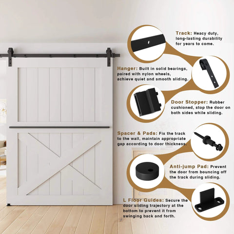 10FT Sliding Barn Door Hardware Kit with heavy duty carbon steel track, nylon rollers, and door stopper in bedroom setting