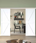 Interior scene with a 10ft Double Sliding Barn Door Hardware Kit With Low Clearance Aluminum Alloy Box Rail Rustproof Durable Track.