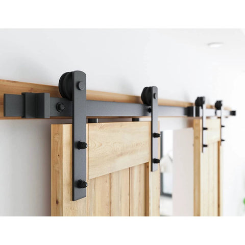 10FT Double Barn Door Hardware Kit with Heavy Duty Sliding Track for Two 30 Inch Door Panels shown installed, carbon steel rails