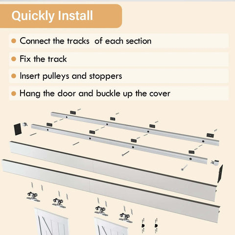 10ft Double Sliding Barn Door Hardware Kit With Low Clearance Aluminum Alloy Box Rail Rustproof Durable Track For Wooden Double Doors Quiet Roller System With Shock Absorbing Stoppers Easy To Install Hardware Only assembly illustration