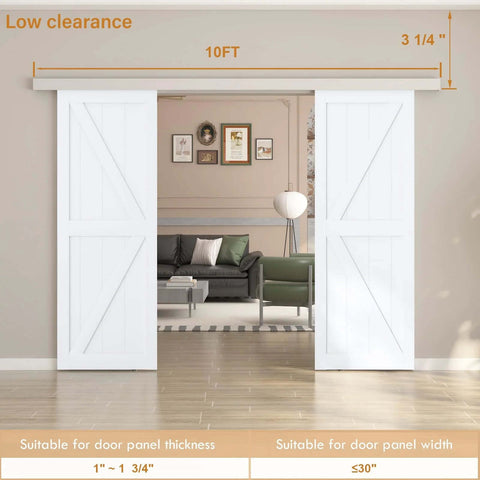 10ft Double Sliding Barn Door Hardware Kit With Low Clearance Aluminum Alloy Box Rail Rustproof Durable Track visible