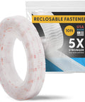 Roll of clear 10ft indoor outdoor adhesive mounting tape with self-mating reclosable fasteners, no drilling required, front view.