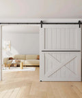 10FT Sliding Barn Door Hardware Kit for Single Doors up to 60 Inch installed in living room, heavy duty carbon steel track with nylon rollers.