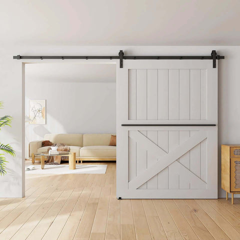10FT Sliding Barn Door Hardware Kit for Single Doors up to 60 Inch installed in living room, heavy duty carbon steel track with nylon rollers.