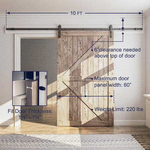 10FT Sliding Barn Door Hardware Kit, Heavy Duty Track-Smoothly and Quietly-Includes Detailed Installation Instruction Fit 60" Wide Door Panel (J Shape Hanger) Black installed on wall.