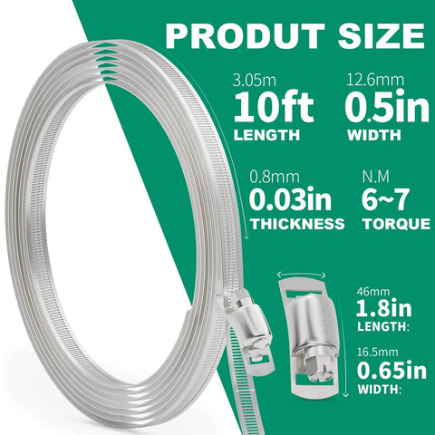 Ten Foot 304 Stainless Steel Hose Clamp Kit DIY Adjustable Worm Gear Metal Strapping With Holes And Eight Fasteners for pipes.
