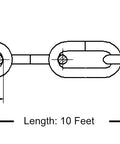Diagram of 3/16-IN X 10-FT Heavy Duty Proof Coil Chain, Bright Zinc-Plated, 800lbs safe load, showing length and link measurements.