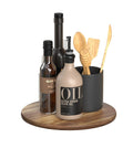 10 Inch Acacia Wood Lazy Susan Turntable with condiments and utensils for kitchen countertop organization