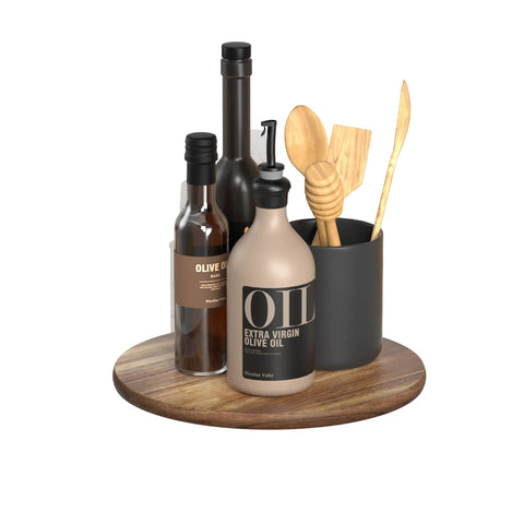 10 Inch Acacia Wood Lazy Susan Turntable with condiments and utensils for kitchen countertop organization
