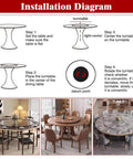 Installation diagram for 10 Inch Aluminum Alloy Lazy Susan Turntable Bearing on dining tables, showing step-by-step setup process.