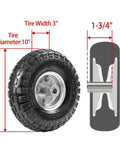 10" heavy-duty replacement tires, 4.10/3.50-4" for gorilla carts, hand trucks, with dimensions and cross-sectional view