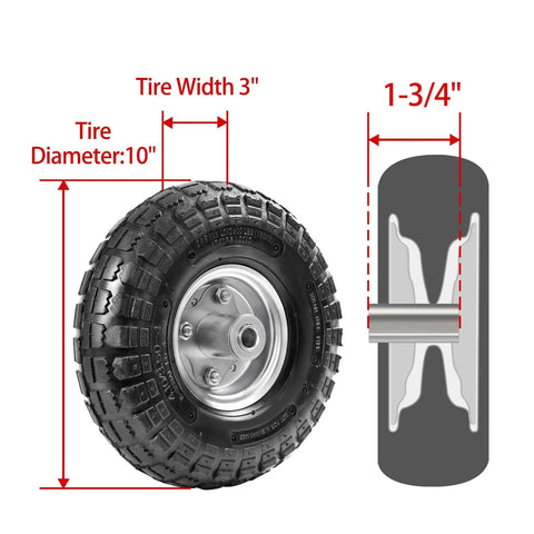 10" heavy-duty replacement tires, 4.10/3.50-4" for gorilla carts, hand trucks, with dimensions and cross-sectional view