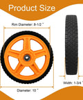 Front and side view of 10 Inch Lawn Mower Wheels for Push Mowers, Plastic PU Wheels with Bolts & Nuts, showing dimensions.
